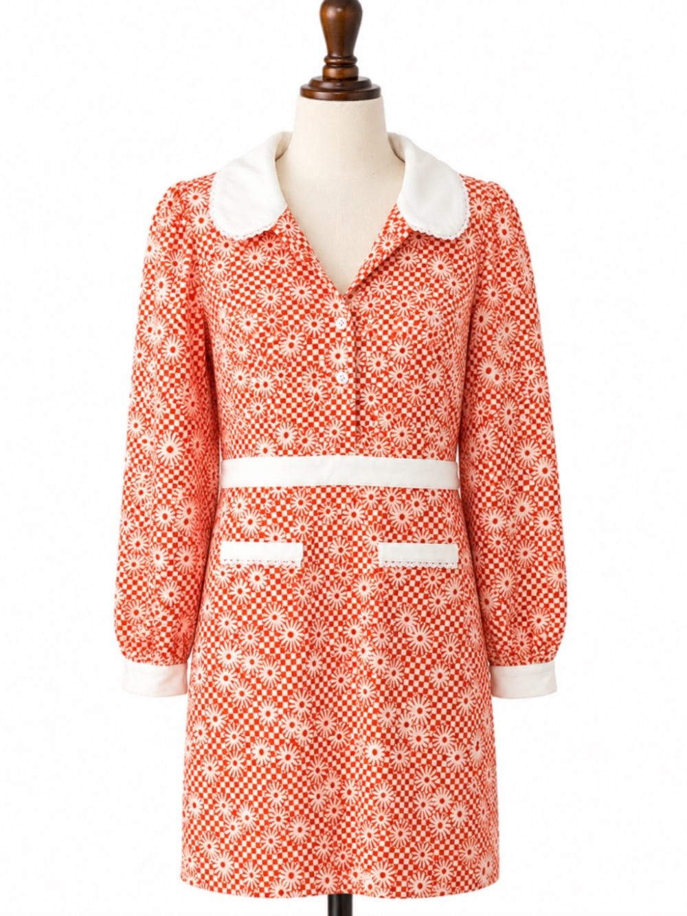 ModCloth Floral Checkerboard Mini Dress XS Puff Sleeve Peter Pan Collar